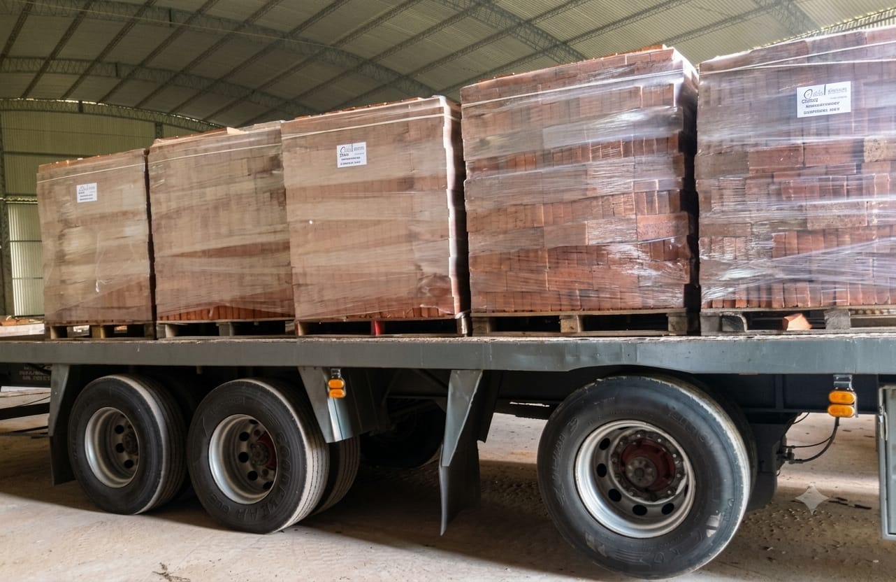 Camión completo cargado con pallets de ladrillos bajo galpón